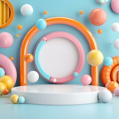 A white circular podium surrounded by colorful geometric shapes and floating spheres, set against a light blue background.