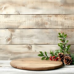 A rustic scene featuring a round wooden podium adorned with festive foliage, including pine cones and red berries, set against a backdrop of weathered wooden planks.