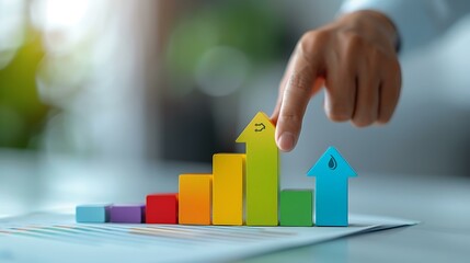 A hand pointing to a multicolored bar graph with arrow symbols indicating energy efficiency levels.