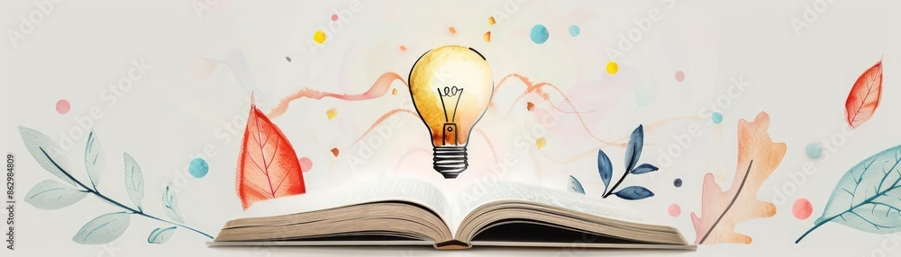Poster a sketch illustration of an open book on a white background with a glowing light bulb floating above