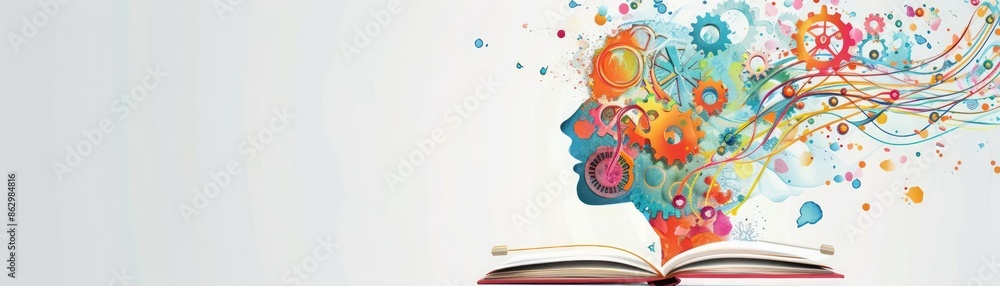 Poster a sketch illustration of an open book on a white background with a glowing light bulb floating above