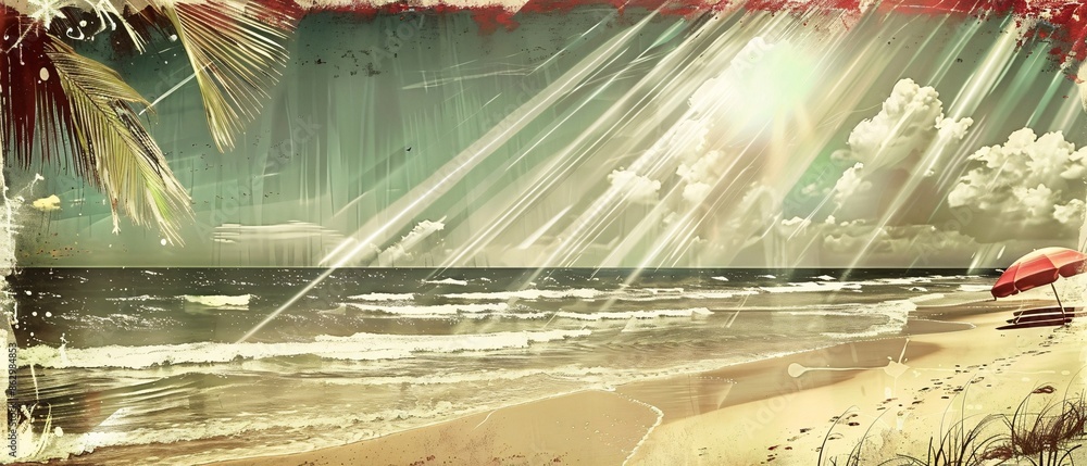 Wall mural beach scene with sun, clouds in orange anime digital art.