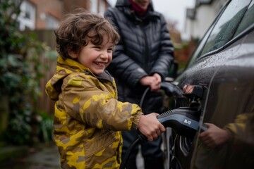 Obraz premium A child charging an electric car with the help of his father. Warm cloudy autumn day, feeling of harmony, happiness and anticipation of adventures.