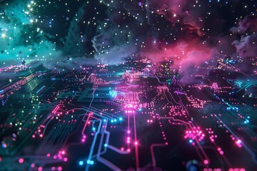 Fototapeta premium A surreal scene where the microchip is connected to a network of neonlit circuits floating in a dark