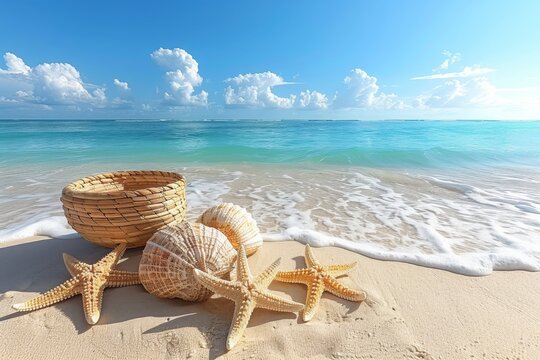 Beach scene with starfish, seashells, and a woven basket on sandy shores under a clear sky, international insurance, travel and tourism, trips and tours, summer holidays and vacations