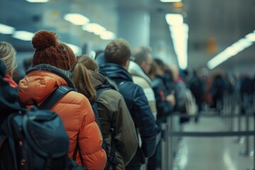 Travel Check-in Chaos: A Crowded Scene at the Airport Check-in Counter, Where Travelers Queue Up for Flights Amidst the Busy Terminal Atmosphere.