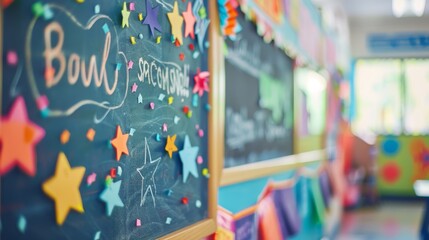 school board with an inspirational quote written in beautiful calligraphy, surrounded by star stickers and motivational posters.