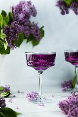 Two coupe de champagne glass with purple drink. lilac branches in the background and foreground. Floral spring drink