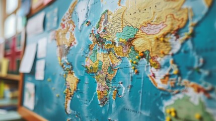 school board with a large world map, highlighted with pins and notes about different countries and cultures