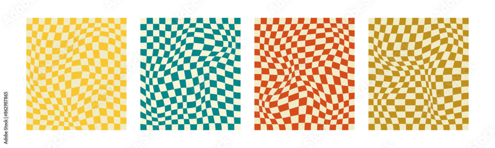 Poster set of chess board backgrounds. psychedelic design in 60-70s. pattern in hippie design. y2k style. w
