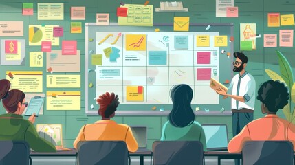 student sitting in the class room focus on class project board, with sections for brainstorming ideas, project guidelines, and a progress tracker