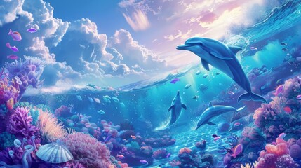 Fototapeta premium Illustration of A whimsical ocean with talking dolphins, magical waves, and enchanted seashells