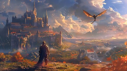 Fantasy landscape with a knight on the background of the castle.