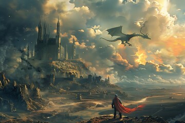Fantasy landscape with a knight on the background of the castle.
