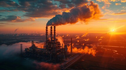 Fototapeta premium An industrial plant with large smokestacks spewing smoke into the air at sunset.