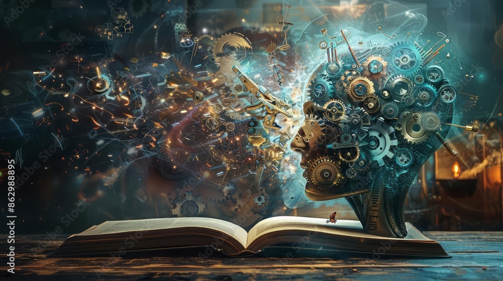 Poster an illustrated open book on a dark table with intricate mechanical gears and colorful abstract eleme