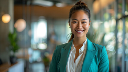 Obraz premium Portrait of a Hawaiian female office worker standing with a confident smile. She is dressed in a formal business suit with a white blouse and a navy blue blazer. The background is a modern office