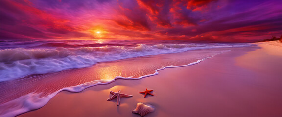 Vibrant Sunset over Tranquil Ocean Beach Generative AI