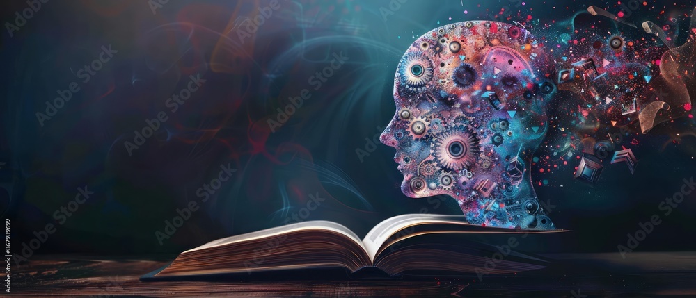 Poster an open book on a dark table with intricate mechanical gears and colorful abstract elements emerging