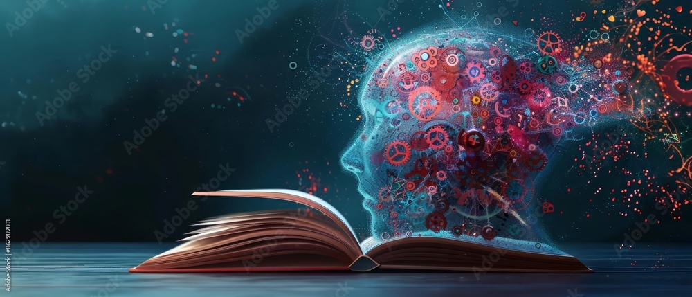 Poster an open book on a dark table with intricate mechanical gears and colorful abstract elements emerging