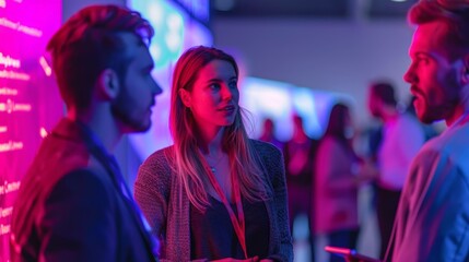 Professionals networking at a vibrant technology conference, engaging in discussions under colorful lighting.