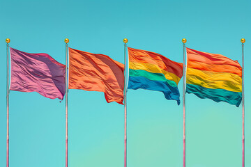 Four Rainbow Flags Against a Blue Sky.