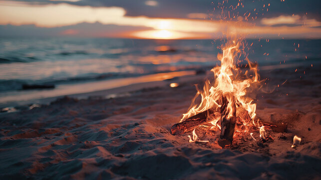 A bonfire on the beach at dusk, summer, bonfire, hd, warm with copy space