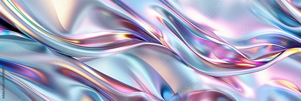 Poster 3d render, abstract background with iridescent holographic waves and wavy lines of different colors