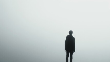 Obraz premium Silhouette of person standing in fog. Eerie photo of a single person facing away and surrounded by thick fog, conveying mystery and the unknown.