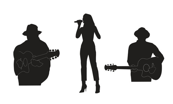 Musicians set guitarplayers with lady singer flat silhouettes
