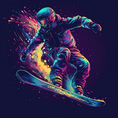 Neon Snowboarder Performing Thrilling Stunt