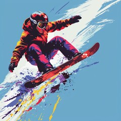 Dynamic Snowboarder Jumping with Colorful Splashes