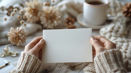 Obraz premium Woman Holding Blank White Card In Cozy Winter Setting