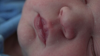 Macro detail close-up of sleeping newborn baby infant during first day of life. initial hours of a...