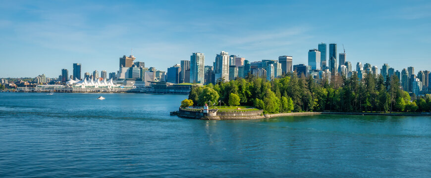 Panoramic view of Stanley park and the skyline of Vancouver, British Columbia, Canada