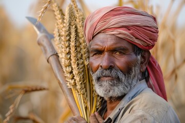 Indian man with sickle and crops.