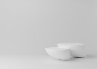 White empty podium or pedestal for product presentation on two floors. Round mockup platform on white background. 3d rendering	