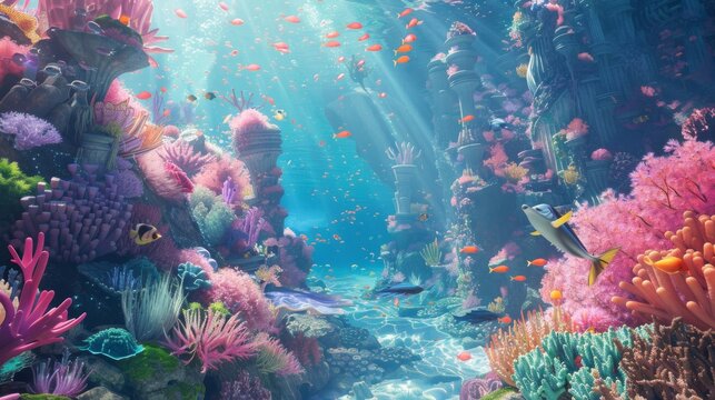 Illustration of An underwater kingdom with talking fish,  glittering coral reefs,  and magical mermaids