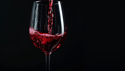 Pouring red wine into glass against black background