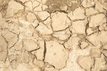 Dry cracked soil in drought, top view.