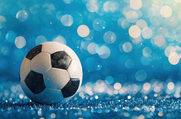 Fototapeta premium A soccer ball bends the net as it flies into the goal against a blue background, enhanced by cyber technology and bokeh light effects.