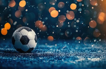 Fototapeta premium A soccer ball bends the net as it flies into the goal against a blue background, enhanced by cyber technology and bokeh light effects.