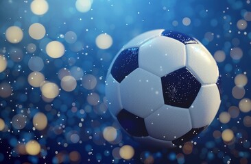 Naklejka premium A soccer ball bends the net as it flies into the goal against a blue background, enhanced by cyber technology and bokeh light effects.