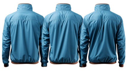 photo mockup of a blue windbreaker jacket on a mannequin, front, perspective, and back view, isolated on a white background