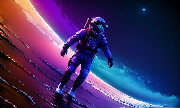 Cosmonaut in zero gravity in space. 3D animation. Cartoon style.
