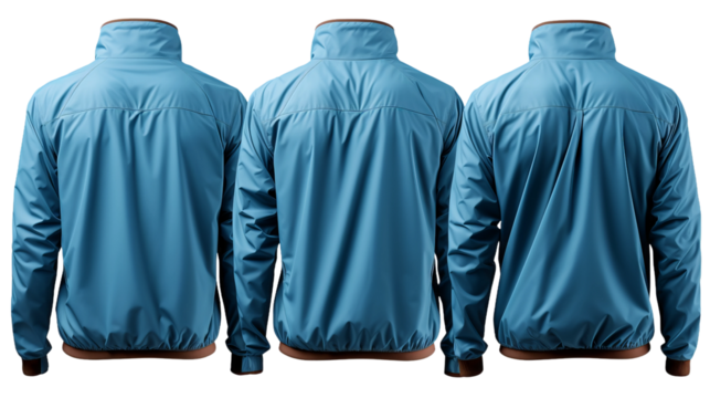 photo mockup of a blue windbreaker jacket on a mannequin, front, perspective, and back view, isolated on a white background - Powered by Adobe