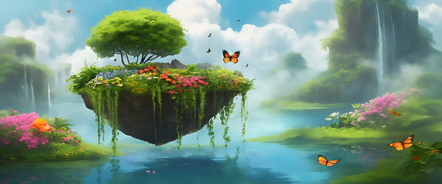 Floating Island with Vibrant Flowers, Trees & Butterflies - Generative AI