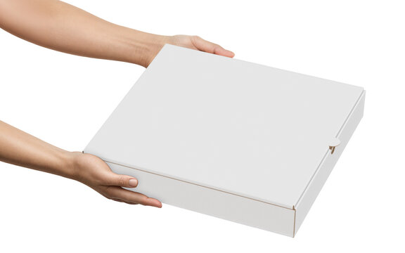 An image of Hands holding a pizza box isolated on a white background