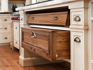 A kitchen with a builtin bread box