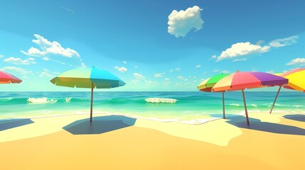 Fototapeta premium beautiful beach with colorful sunshades, 3d cartoon landscape